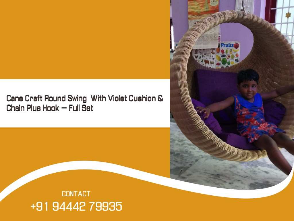 Cane Craft Round Swing With Violet Cushion & Chain Plus Hook – Full Set